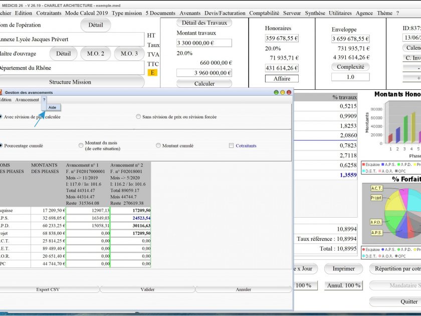 nouvelle aide à la gestion des avancements du logiciel de facturation d'honoraires Architecte Médicis Mac et PC v26.19