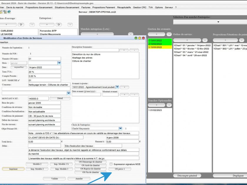 nouvelle possibilité d'ajout d'ordre de service personnel dans le logiciel de suivi de chantier Gescant Mac et PC v20.13