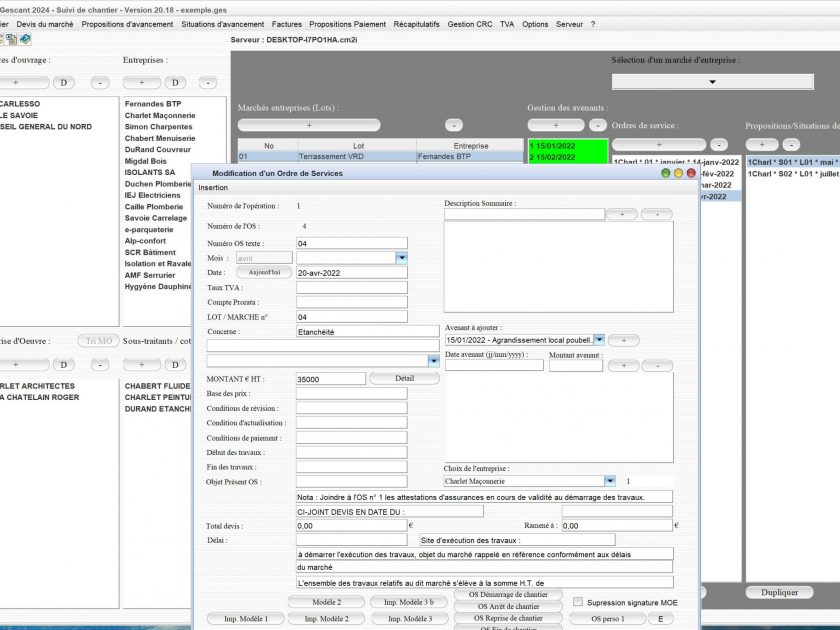 amélioration de la gestion des comptes prorata sur les ordres de service du logiciel de suivi de chantier Gescant mac et pc v20.18