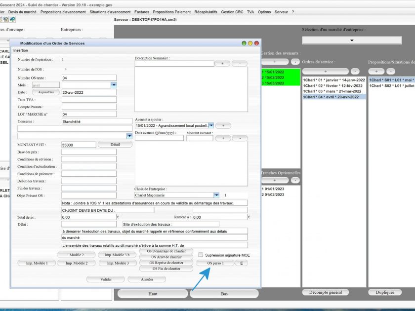 amélioration de la gestion des ordres de service personnalisés du logiciel de suivi de chantier Gescant Mac et PC v20.18