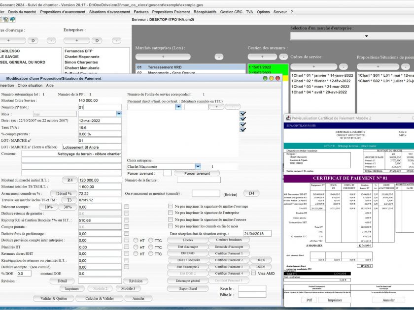 amélioration du modèle 2 de certificat de paiement du logiciel de suivi de chantier Gescant Mac et PC v2017