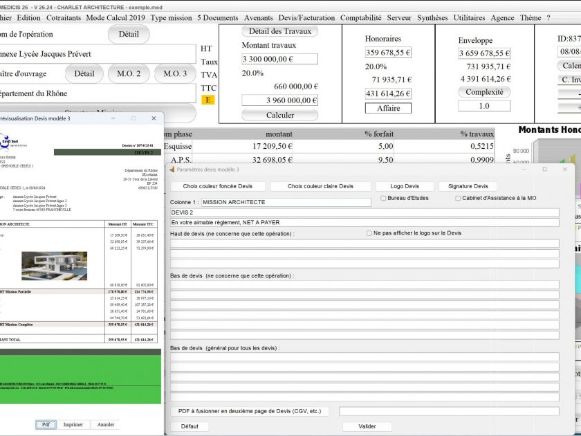 amélioration du modèle 3 de devis du logiciel de gestion d'honoraires Architectes Médicis Mac et PC v26.24