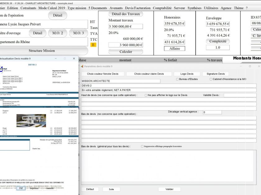 amélioration du modèle 9 de devis du logiciel de gestion d'honoraires Architectes Médicis Mac et PC v26.24