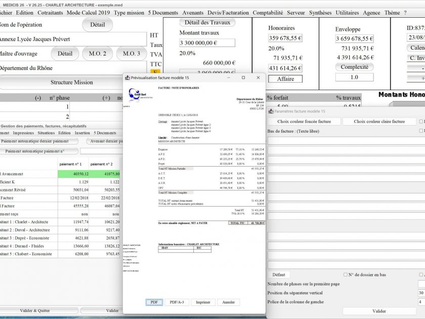 nouveau pdf a3 ISO 32000=1 du modèle 15 de facture du logiciel de facturation d'honoraires Architecte Médicis Mac et PC v26.25