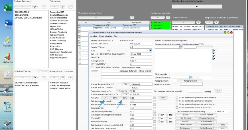 nouveaux boutons d'avance 5 pc et 10 pc sur les situations du logiciel de suivi de chantier Gescant Mac et PC v20.19