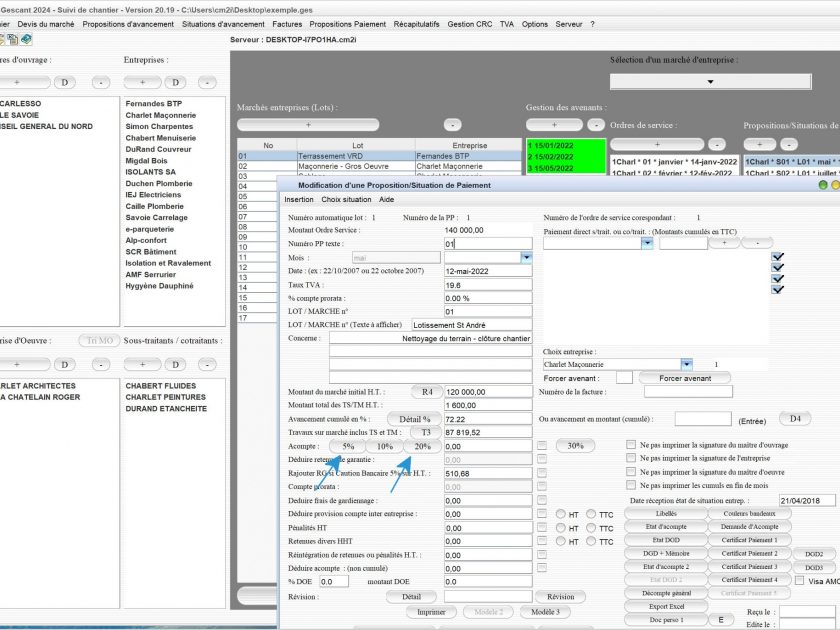 nouveaux boutons d'avance 5 pc et 10 pc sur les situations du logiciel de suivi de chantier Gescant Mac et PC v20.19