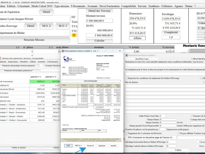 nouvelle numérotation automatique des factures électroniques facture x du modèle 4 de facture logiciel facturation d'honoraires Architecte Médicis Mac et PC v26.26