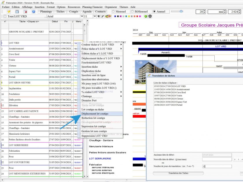 amélioration déplacement de lots de tâches du logiciel de planning chantier et d'Architecture Mac et PC Faberplan 19.06