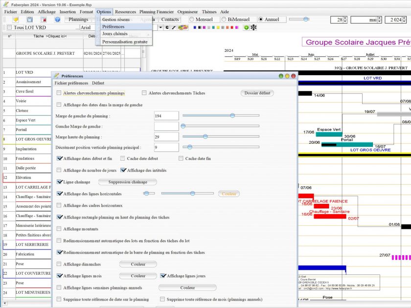 amélioration de la gestion des couleurs des préférences du logiciel de planning chantier et d'Architecture Mac et PC Faberplan v19.06