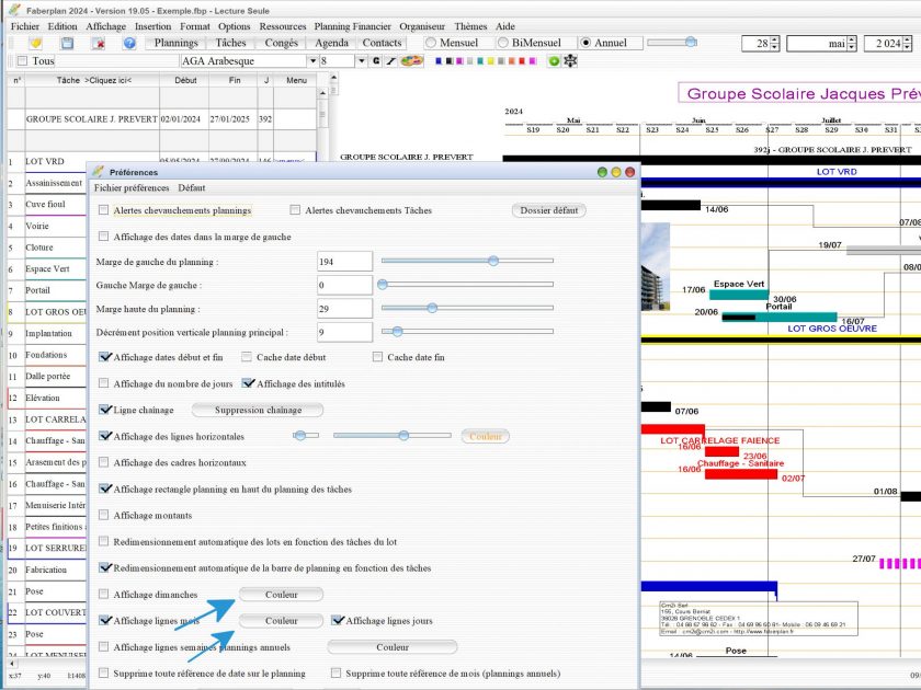 amélioration de la gestion des couleurs des préférences de planning du logiciel de planning de chantier et d'architecture Faberplan Mac et PC v19.05