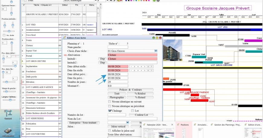 amélioration de la gestion des dates prévisionnelles des tâches du logiciel de planning chantier et d'Architecture Faberplan Mac et PC v19.05