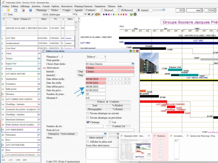 amélioration de la gestion des dates prévisionnelles des tâches du logiciel de planning chantier et d'Architecture Faberplan Mac et PC v19.05