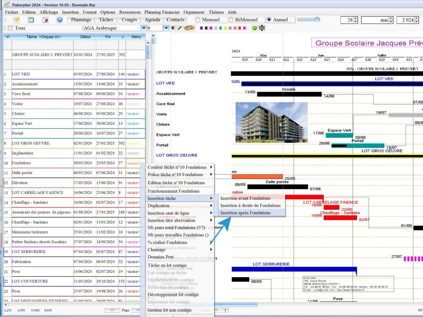 amélioration de l'insertion de tâche du logiciel de planning chantier et d'architecture Faberplan mac et pc 19.05