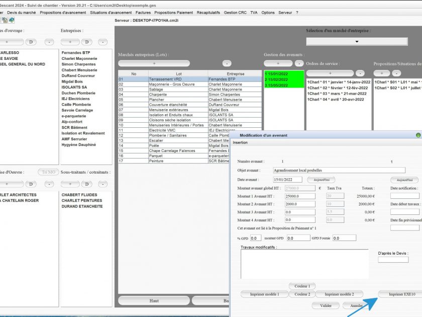 amélioration de la liaison avec le modèle d'avenant exe10 du logiciel de suivi de chantier Gescant Mac et PC v20.21