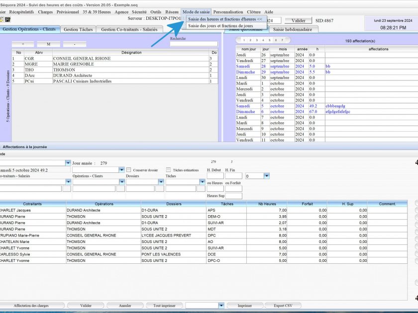 amélioration de la saisie des heures ou des jours dans le logiciel de pointage des heures Séquora Mac et PC v20.05