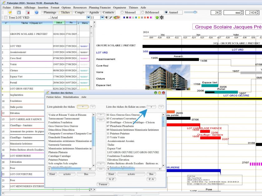 nouveau bouton ajout tâche de la gestion des tâches du logiciel de planning chantier et d'Architecture Mac et PC Faberplan 19.06