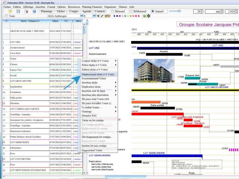 nouveau bouton déplacement tâche du logiciel de planning chantier et d'Architecture Mac et PC Faberplan 19.06