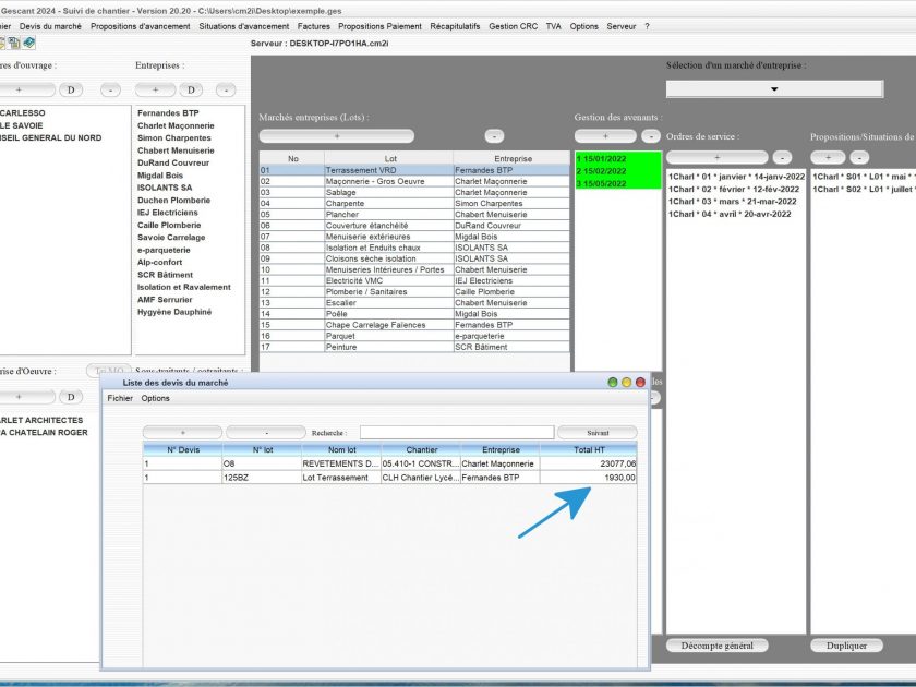 nouvelle indication du montant des devis sur la liste des devis du logiciel de suivi de chantier Gescant Mac et PC v20.20