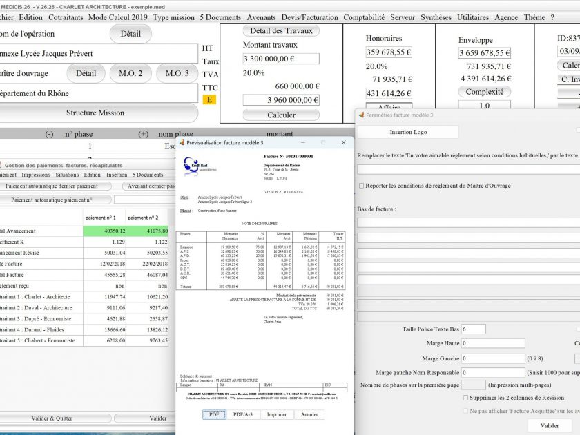 nouvelle numérotation automatique du PDF du modèle 3 de facture du logiciel facturation d honoraires Architecte Médicis Mac et PC v26.26