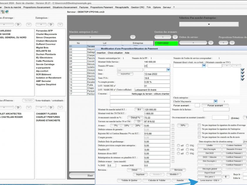 nouveaux champs de liaison vers le procès verbal de levée des réserves du logiciel de suivi de chantier Gescant Mac et PC v20.22