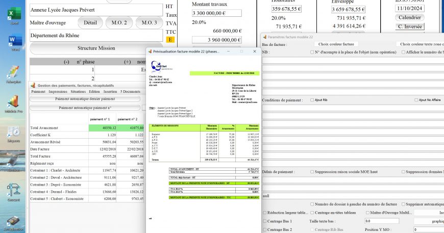 amélioration du mode multipage du modèle 22 de facture du logiciel de facturation d'honoraires Architecte Médicis Mac et PC v26.29