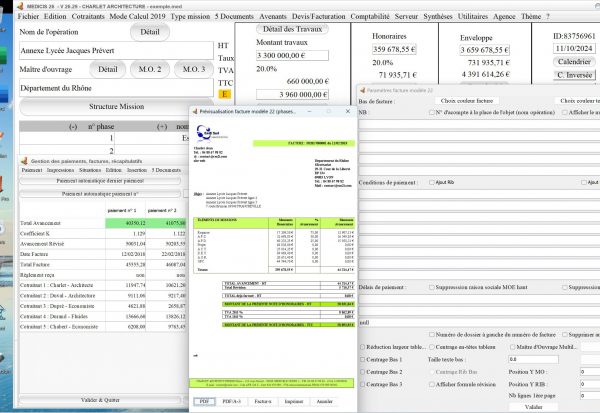 amélioration du mode multipage du modèle 22 de facture du logiciel de facturation d'honoraires Architecte Médicis Mac et PC v26.29