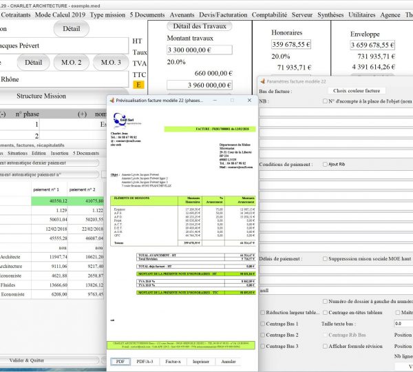 amélioration du mode multipage du modèle 22 de facture du logiciel de facturation d'honoraires Architecte Médicis Mac et PC v26.29