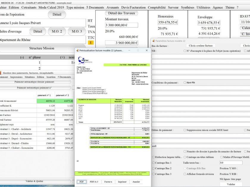 amélioration du mode multipage du modèle 22 de facture du logiciel de facturation d'honoraires Architecte Médicis Mac et PC v26.29