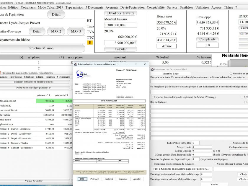 amélioration du PDF automatique du modèle 4 de facture du logiciel de facturation d'honoraires Architecte Médicis Mac et PC v26.29