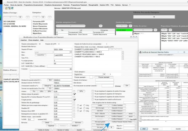 nouveau certificat de paiement des marchés publics basé sur le décret 2022-505 dans logiciel de suivi de chantier Gescant Mac et PC v20.24