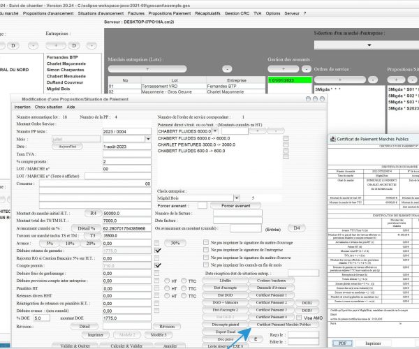 nouveau certificat de paiement des marchés publics basé sur le décret 2022-505 dans logiciel de suivi de chantier Gescant Mac et PC v20.24