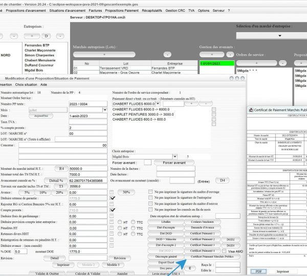 nouveau certificat de paiement des marchés publics basé sur le décret 2022-505 dans logiciel de suivi de chantier Gescant Mac et PC v20.24