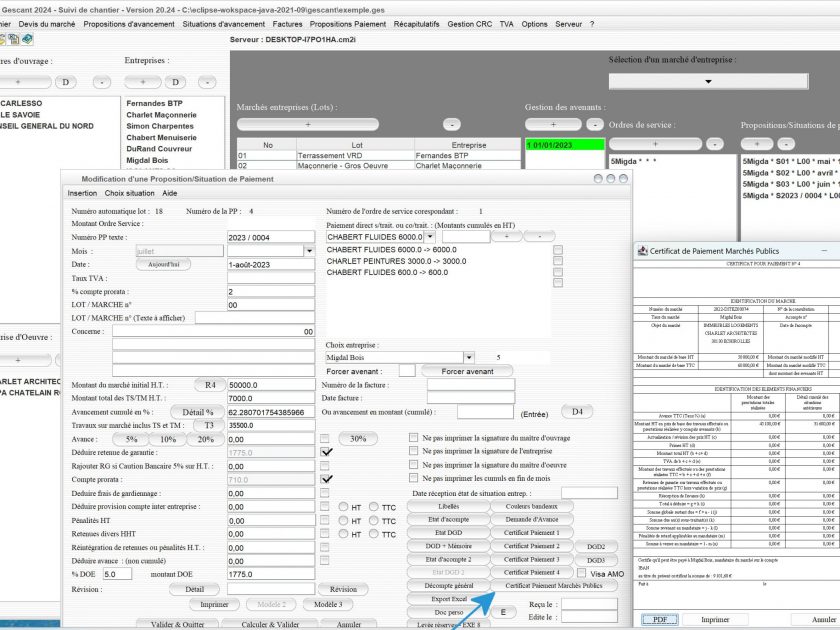 nouveau certificat de paiement des marchés publics basé sur le décret 2022-505 dans logiciel de suivi de chantier Gescant Mac et PC v20.24