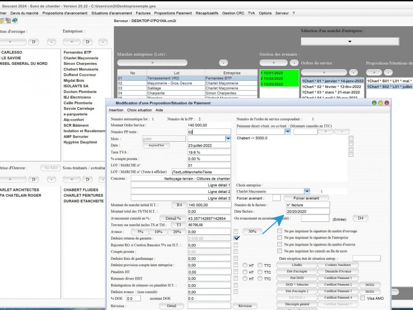 nouveau champ date de facture sur les situations du logiciel de suivi de chantier Gescant Mac et PC v20.22