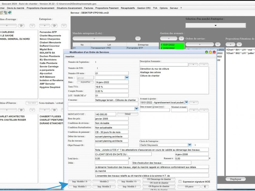 nouveau modèle 1 b d'ordre de service du logiciel de suivi de chantier Gescant Mac et PC v20.22