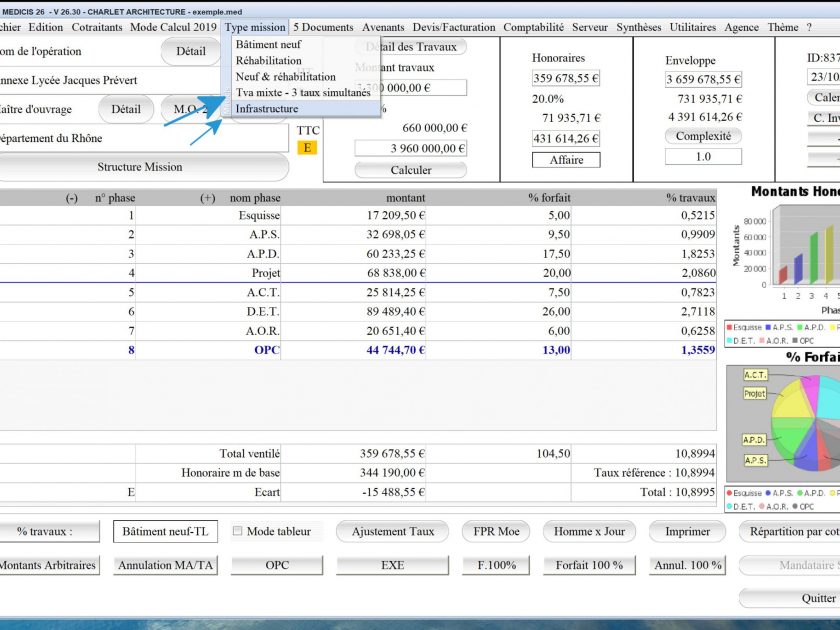 nouveaux sous menus mission 3 taux tva et infrastructure dans le logiciel de proposition d'honoraires Architecte Médicis Mac et PC v26.30