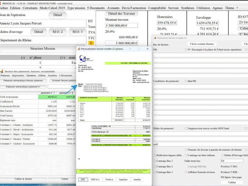 nouvelle affichage automatique du marché ou commande sur modèle 22 de facture logiciel de facturation d'honoraires Architecte Médicis Mac et PC v26.30