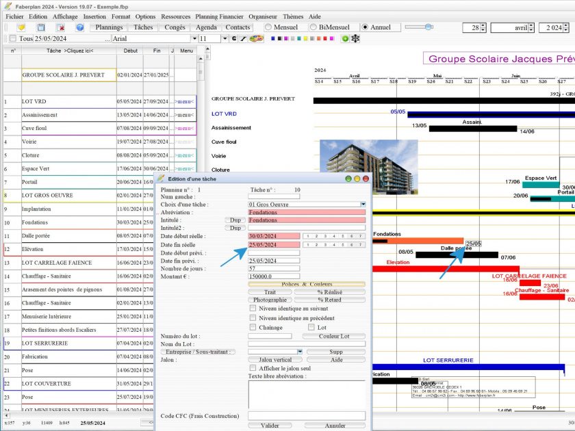 nouvelle édition simplifiée date de début de tâche du logiciel de planning de chantier et d'architecture Faberplan Mac et PC v19.07