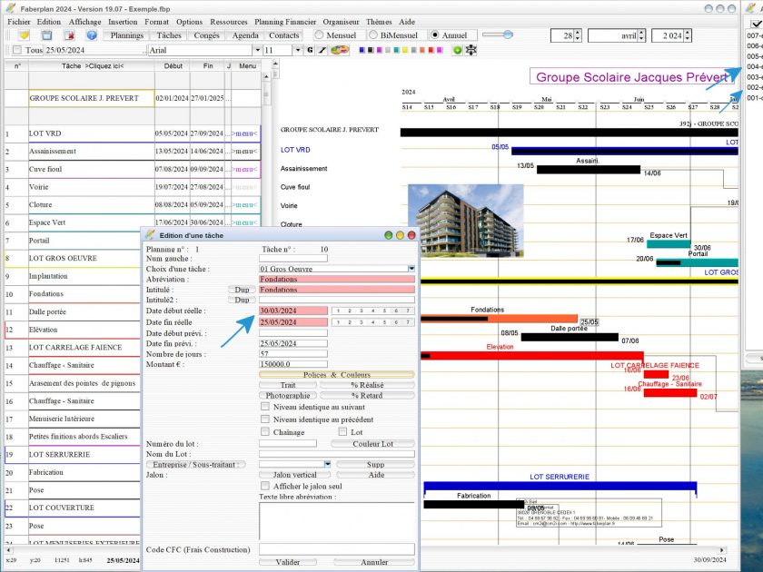 nouvelle gestion des annulations d'édition de dates début et fin du logiciel de planning de chantier et d'architecture Faberplan mac et pc 1907