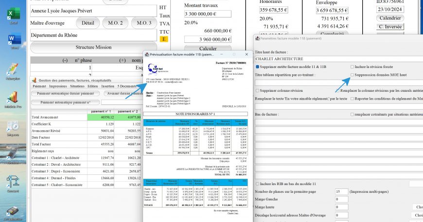 nouvelle gestion des données de maîtrise d'oeuvre du modèle 11 B de facture du logiciel de facturation d'honoraires Architecte Médicis Mac et PC v26.30