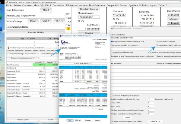 nouvelle gestion des données de maîtrise d'oeuvre du modèle 11 B de facture du logiciel de facturation d'honoraires Architecte Médicis Mac et PC v26.30