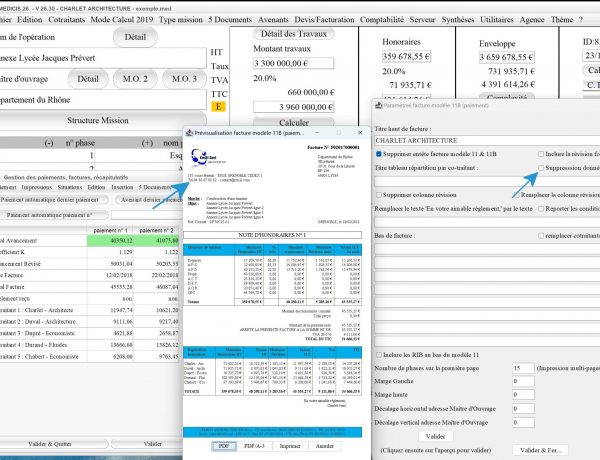 nouvelle gestion des données de maîtrise d'oeuvre du modèle 11 B de facture du logiciel de facturation d'honoraires Architecte Médicis Mac et PC v26.30