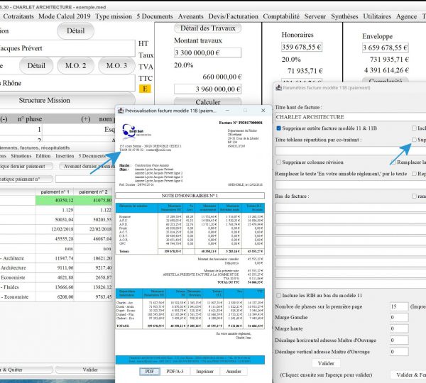 nouvelle gestion des données de maîtrise d'oeuvre du modèle 11 B de facture du logiciel de facturation d'honoraires Architecte Médicis Mac et PC v26.30