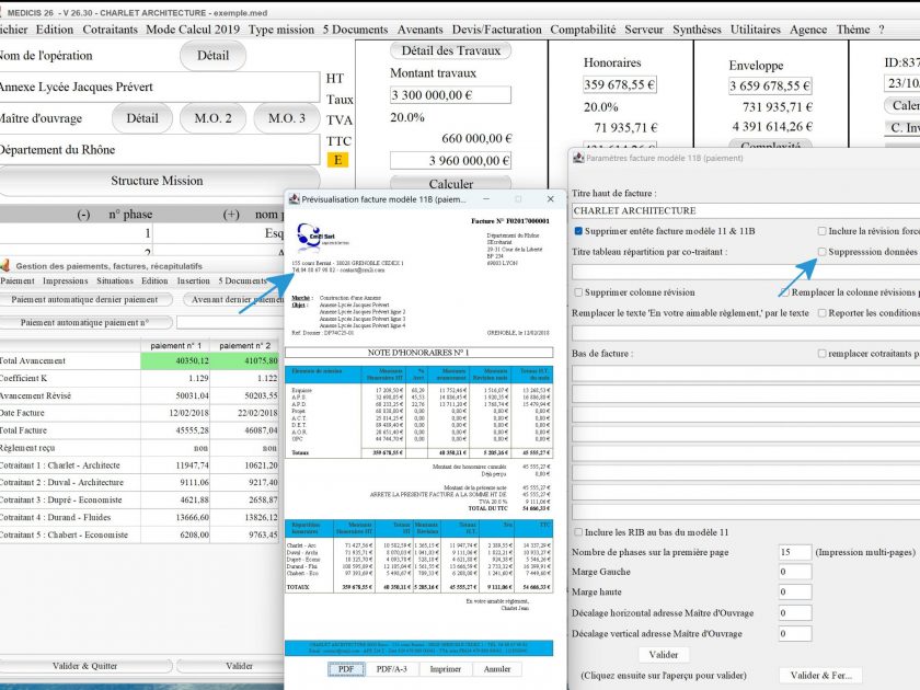 nouvelle gestion des données de maîtrise d'oeuvre du modèle 11 B de facture du logiciel de facturation d'honoraires Architecte Médicis Mac et PC v26.30