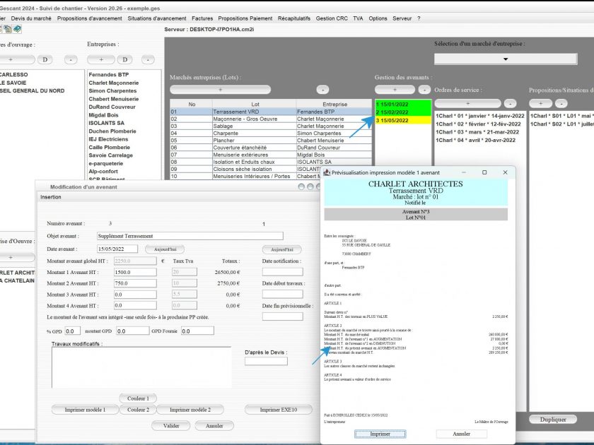 amélioration de la gestion des avenants antérieurs sur les modèle 1 et 2 d'avenant du logiciel de suivi de chantier Gescant Mac et PC v20.26