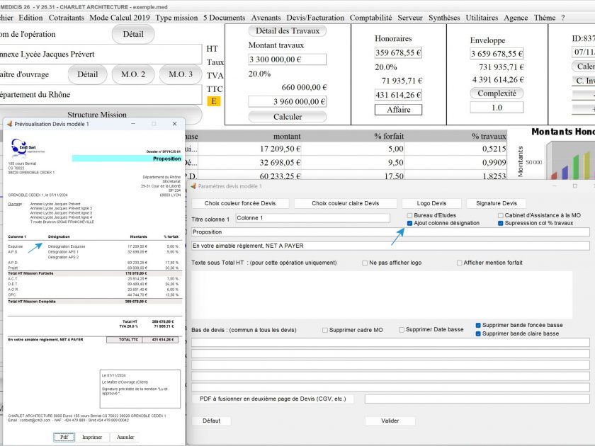 nouvelle colonne désignation modèle 1 devis des propositions d'honoraires de Maîtrise d'oeuvre Médicis Mac et PC v26.31