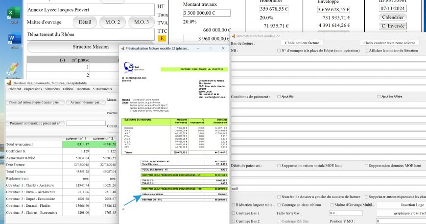 nouvelle gestion des intérêts moratoires sur le modèle 22 de facture du logiciel facturation d'honoraires de maîtrise d'oeuvre Médicis Mac et PC v26.31