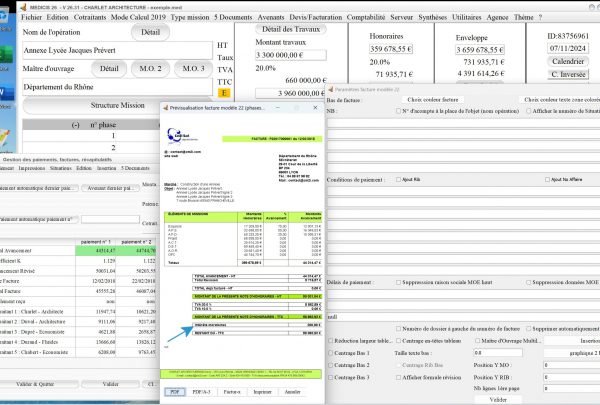 nouvelle gestion des intérêts moratoires sur le modèle 22 de facture du logiciel facturation d'honoraires de maîtrise d'oeuvre Médicis Mac et PC v26.31