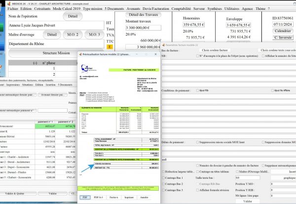 nouvelle gestion des intérêts moratoires sur le modèle 22 de facture du logiciel facturation d'honoraires de maîtrise d'oeuvre Médicis Mac et PC v26.31