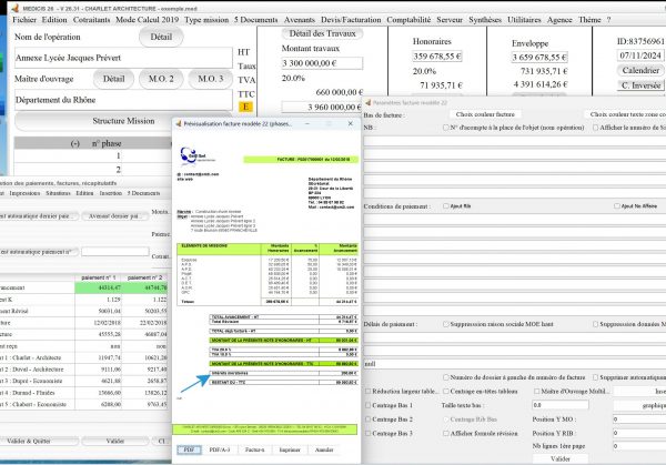 nouvelle gestion des intérêts moratoires sur le modèle 22 de facture du logiciel facturation d'honoraires de maîtrise d'oeuvre Médicis Mac et PC v26.31